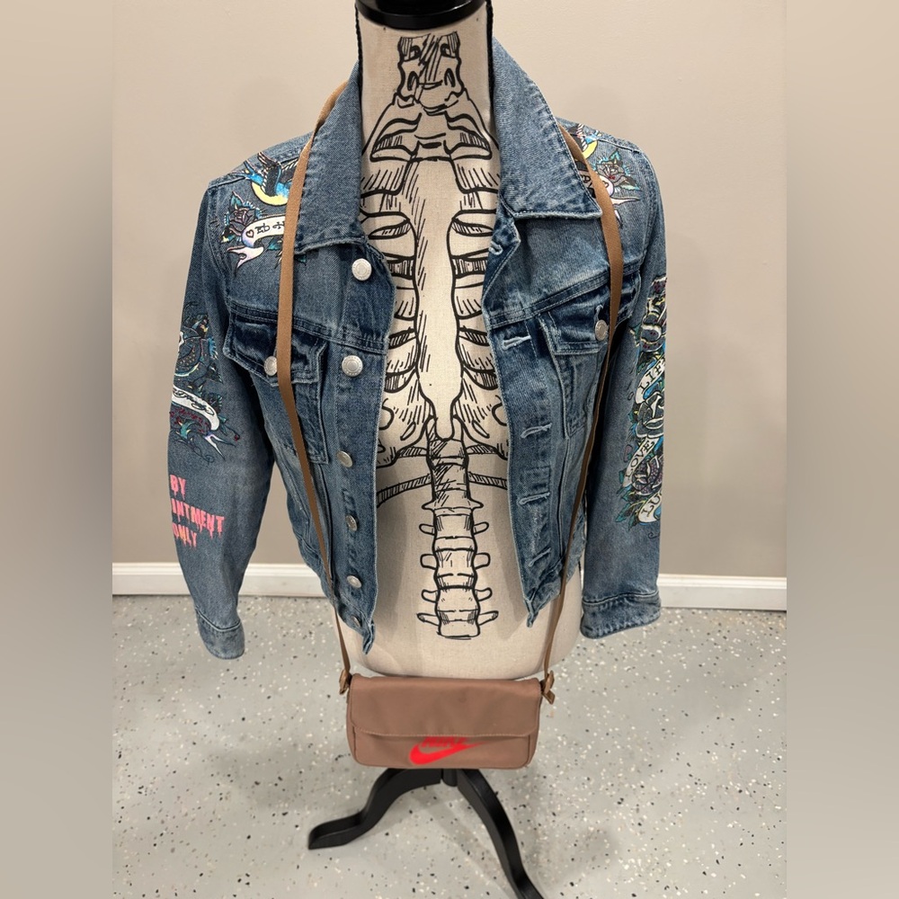 Ed Hardy Blue Denim Jacket with Embroidery and Rhinestones, Preowned, Women XS